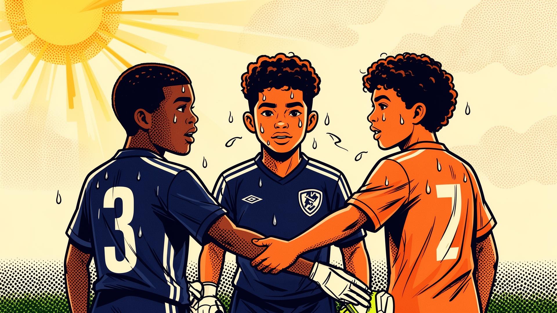 Three youth soccer players huddled in 3v3 formation under the sun